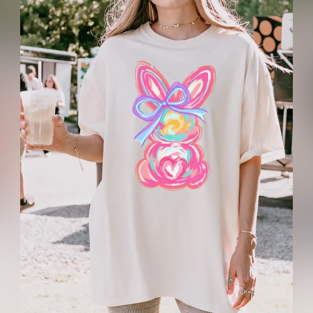 Brushstroke Bunny Tee Coquette Bow Easter T-Shirt Pastel XL Comfy Oversized Soft